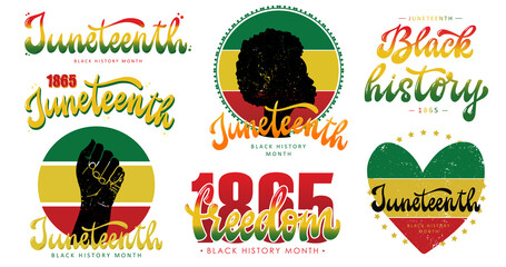 Set of lettering quotes and compositions for Juneteenth. Black history month posters, prints, cards, stickers, sublimation, apparel decor. EPS 10