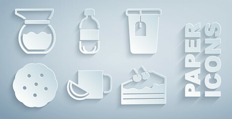 Sticker - Set Cup of tea with lemon, bag, Cookie or biscuit, Piece cake, Bottle water and Teapot icon. Vector