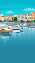 Old City Harbor Cannes French Riviera Cannes (France) Illustration. Background With Beautiful And Iconic Buildings And Bright Sky. Relaxing, Business Trip And Tourism Concept With Old Buildings.