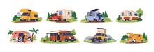 Camper Cars, Holiday Caravans, Vans, Trailers, Summer Motorhomes, Camping RV Set. Mobile Auto Vehicles For Travel, Vacation In Campsite, Nature. Flat Vector Illustrations Isolated On White Background