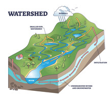 Watershed As Water Basin System With Mountain River Streams Outline Diagram. Labeled Educational Scheme With Geology Structure And Infiltration, Rainfall, Underground Groundwater Vector Illustration.
