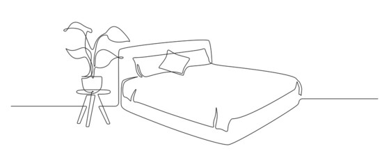 Aufkleber - Continuous one line drawing of double bed with pillows and blanket and house plant. Modern furniture for stylish bedroom in simple linear style. Editable stroke. Doodle vector illustration