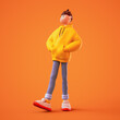 Young tall brunette man puts his hands inside his hoodie pocket. Teenager stands wears casual fashion clothes yellow hoodie, blue jeans, white sneakers red sole. 3d illustration on orange background.