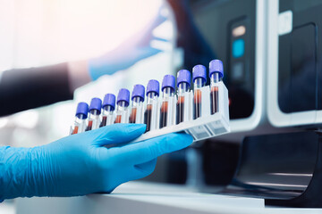 Wall Mural - medical scientist loading samples in robot machine for biochemical automatic testing blood laborator