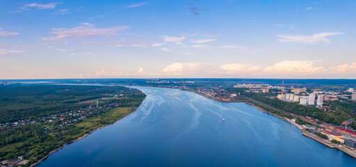 Wall Mural - Aerial top view panorama city Perm embankment of Kama river Russia, sunset drone photo