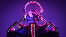 Portrait Of Scary Futuristic Necromancer With Human Skull, Metal Teeth Wears Sci-fi Virtual Reality Glasses. Black Armor With Glowing Pink White Wires Floating In The Air. 3d Render On Purple Backdrop