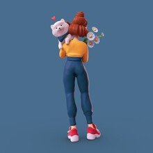 Rear View Of Red-haired Girl Wears Blue Pants, Yellow T-shirt Holds A Kawaii Fluffy Playful White Puppy Lies On Her Shoulder. Bouquet Of Large Daisies. Animal, Nature Lover. 3d Render In Minimal Style