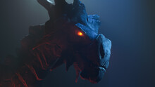 Head With A Long Neck Of A Huge Angry Medieval Gray Dragon With Armored Scales, Glowing Yellow-red Eyes In Dark Backdrop With Fog. Concept Art Of A Mythical Fantasy Creature In Gothic Style. 3d Render