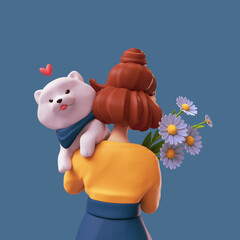 Wall Mural - Rear view of red-haired girl wears blue pants, yellow t-shirt holds a kawaii fluffy playful white puppy lies on her shoulder. Bouquet of large daisies. Animal, nature lover. 3d render in minimal style