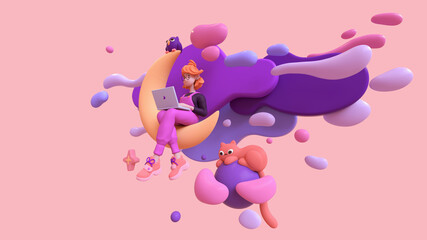 Red-haired happy female writer in glasses, pink overalls uses laptop for work sits on yellow moon late at night in space with floating blue purple clouds stars, cat, an owl. 3d render in minimal style