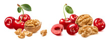 Cherries And Walnuts Set Isolated On White Background