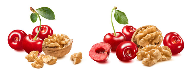 Wall Mural - cherries and walnuts set isolated on white background