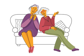 Two older women spend time together. Elderly friends talk