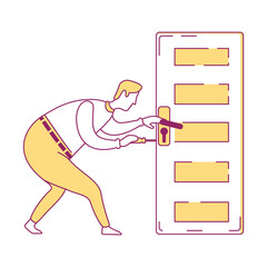 Poster - Maintenance worker fixing door lock semi flat color vector character. Posing figure. Full body person on white. Simple cartoon style illustration for web graphic design and animation