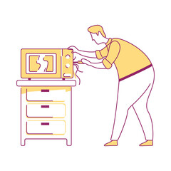 Poster - Maintenance worker fixing broken microwave semi flat color vector character. Posing figure. Full body person on white. Simple cartoon style illustration for web graphic design and animation