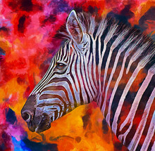 Modern Colorful Zebra Oil Painting. Abstract Painting For Interior Decoration. Contemporary Style Artwork With Chaotic Paint Strokes And Splashes, Artist Collection Of Animal Painting. Set Of Pictures