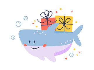 Cute Shark with gift boxex Childish Design. Vector illustration