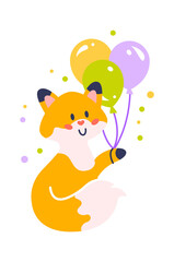 Sticker - Cute Fox with balloons Childish Design. Vector illustration