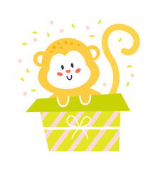 Wall Mural - Cute Monkey in Gift Box Childish Design. Vector illustration