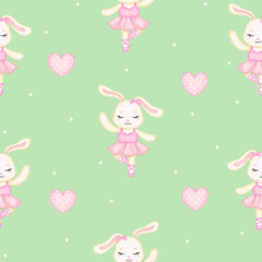 Wall Mural - Cute ballerina bunny seamless pattern. Watercolor style vector