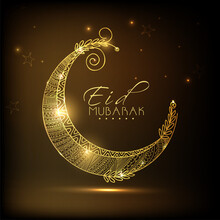 Eid Mubarak Font With Golden Ornament Crescent Moon On Brown Lights Effect Background.