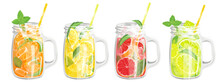 A Set Of Lemonades In Cans.Summer Refreshing Drink With Lemon, Grapefruit, Orange, Lime.Cocktail With Ice Cubes.mint And Slices Of Fruit.Vector Illustration.