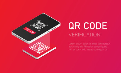 qr verification. a mobile phone with a scanner reads the qr code in isometric style. vector illustra