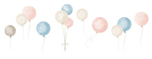 Air Balloons. Hand Drawn Watercolor Illustration With Light Blue And Pink Round Ballons. Cute Set For Birthday Party