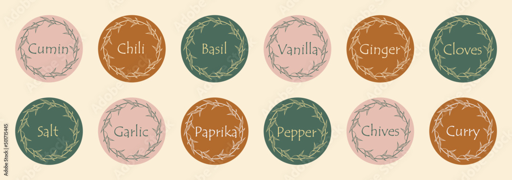 Collection of stickers or labels for jars of spices. Food stickers for ...