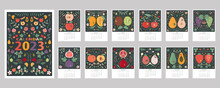 Calendar 2023. Calendar Design With Fruits, Insects And Floral Elements. Set Of Pages For 12 Months Of 2023. Vector Illustration.