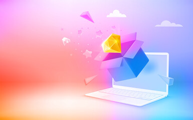 Poster - Receiving package with surprize via modern laptop. 3d vector vertical banner with copy space