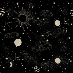 Wall Mural - magic pattern with constellations and sun and stars. decorative ornament. seamless pattern for astrology, magic and divination on tarot cards