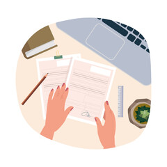 Human hands holding pen or pencil and signing business documents, making deal. Document approval, checking contract sheet or official paper with signature concept. Flat cartoon vector illustration.