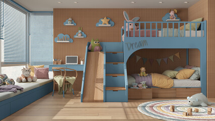 Wall Mural - Cozy wooden children bedroom with bunk bed in blue and pastel tones, parquet floor, big window with venetian blinds, sofa, desk with chair, carpet, toys and decors. Interior design