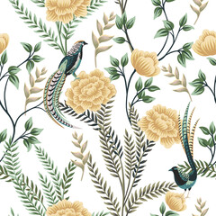 Poster - Tropical vintage yellow rose flower, bird, plant floral seamless pattern white background. Exotic wallpaper.