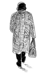 Sticker - Sketch of casual elderly woman with handbag walking outdoors alone