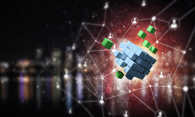 Wall Mural - concept of internet and networking with digital cube figure on dark background