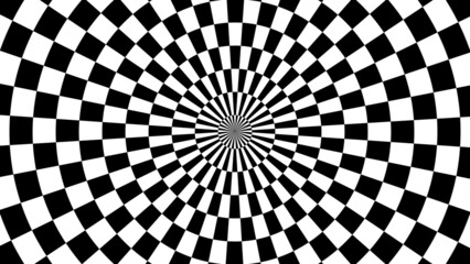 Poster - Abstract 3D geometrical black and white checkered line background. Pattern with optical illusion. Vector illustration kaleidoscope. Solar explosion. Sunburst rays.