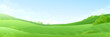 Vector cartoon landscape, seasons hills, grass field, farm background. Cute and bright countryside, green grassland, outdoor design.