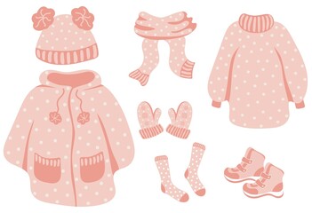 Wall Mural - Set of children knitted winter clothes and outerwear. Colorful knitted winter scarf, hat, mittens, socks, boots, sweater and jacket. Cute hand drawn elements for winter design. Vector illustration.