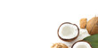 fresh coconut with scrub on white background. Home spa treatment concept, organic cosmetic. Copyspace, banner.