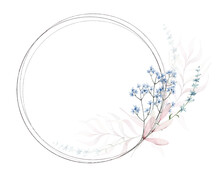 Watercolor Painted Floral Wreath On White Background. Transparent Blue And Pink Branches, Leaves, Twigs. Vector