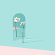 canvas print picture - Narcissus flower reflecting in the mirror on the light blue and pink background. Self admiration, individuality minimal concept.
