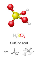 Wall Mural - sulfuric acid, h2so4, ball-and-stick model, molecular and chemical formula with binding lengths. kno