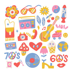 Wall Mural - Big set of Hippie retro vintage icons in 60s-70s style. Flat hand drwan vector illustration. Collection of 1970s elements.