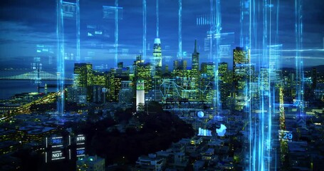 Aerial Flight Metropolitan City Business Network Formation Futuristic Technology AI 5g Network, San francisco skyline with Holographic Information and Financial Charts. Internet of Things, AR.