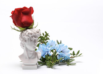 Wall Mural - Aesthetic still life, David bust vase with flowers isolated on a white background. Romantic, love concept