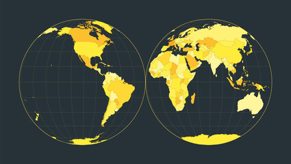 Wall Mural - World Map. Mollweide projection interrupted into two (equal-area) hemispheres. Futuristic world illustration for your infographic. Bright yellow country colors. Creative vector illustration.