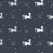 Stylish Seamless Pattern With Running Horses And Dots In Black, White Colors. Vector Trendy Fashion Illustration. Works Well As Wrapping Paper, Textile, Fabric Print, Background. Animal Vintage Design