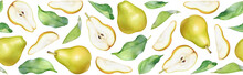 Seamless Pattern With Watercolor Pears And Leaves